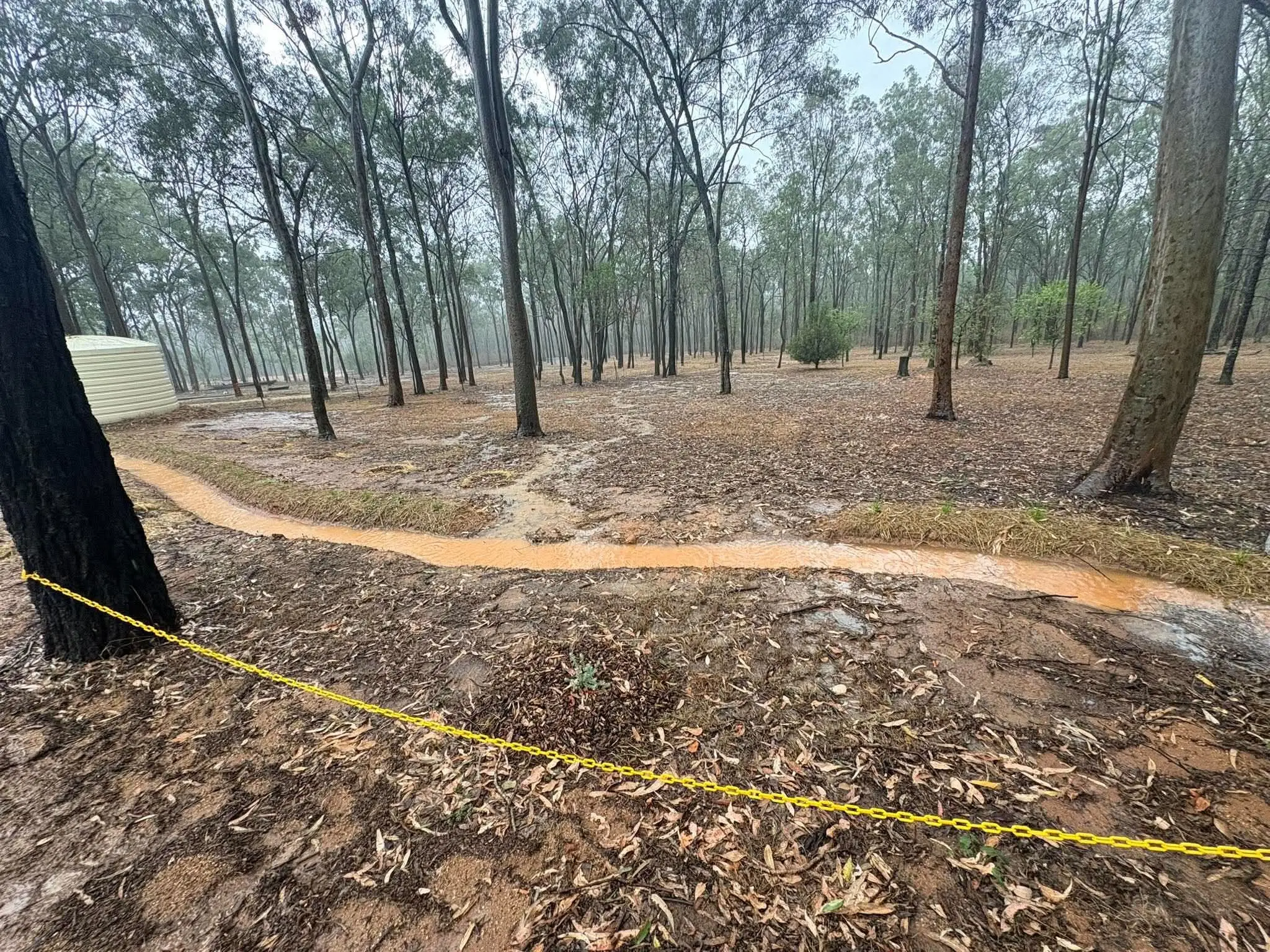 Rainwater held in a contour across the slope after a storm